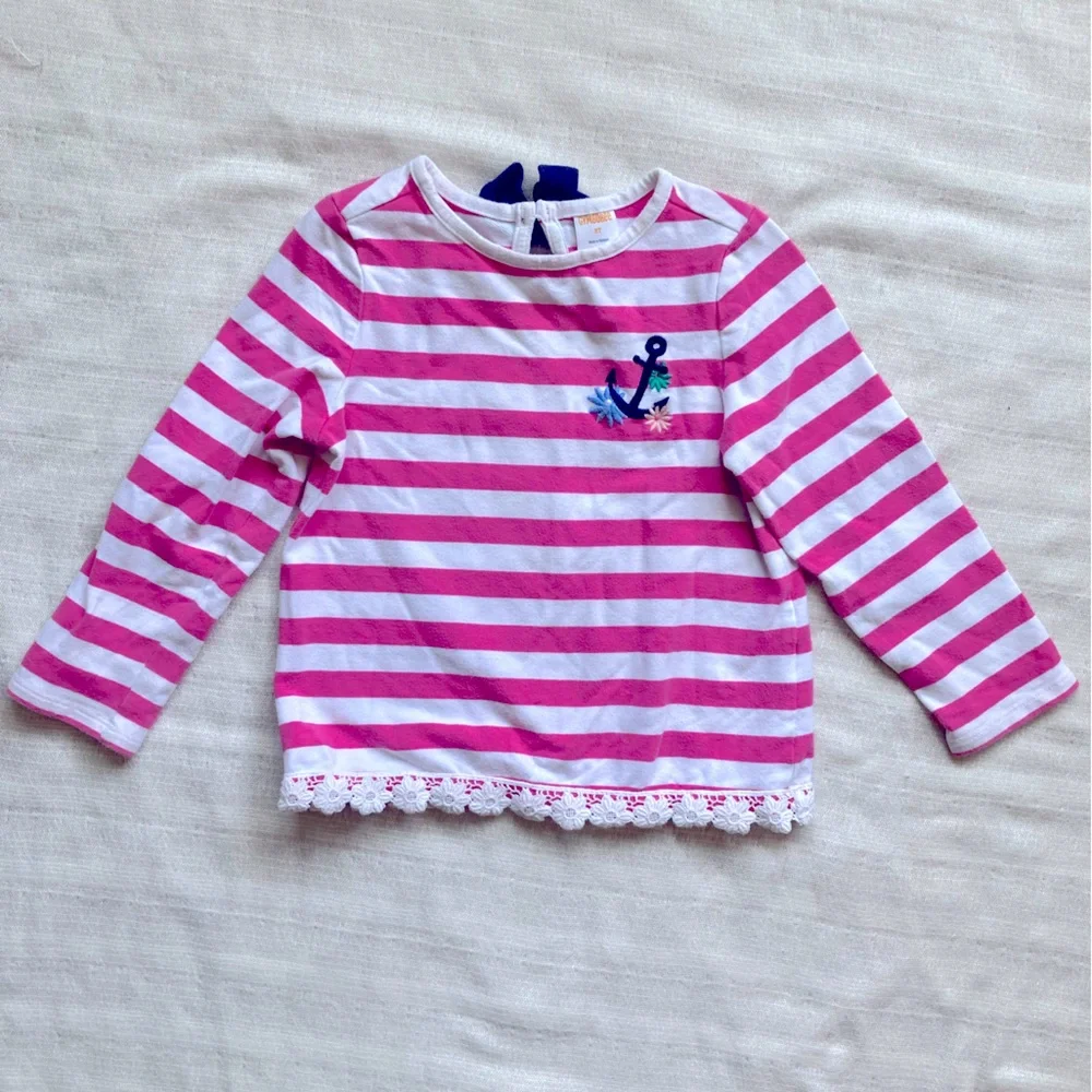 Vintage Gymboree Long Sleeve Striped Top with Anchor‎ Embroidery, Lace and Bow